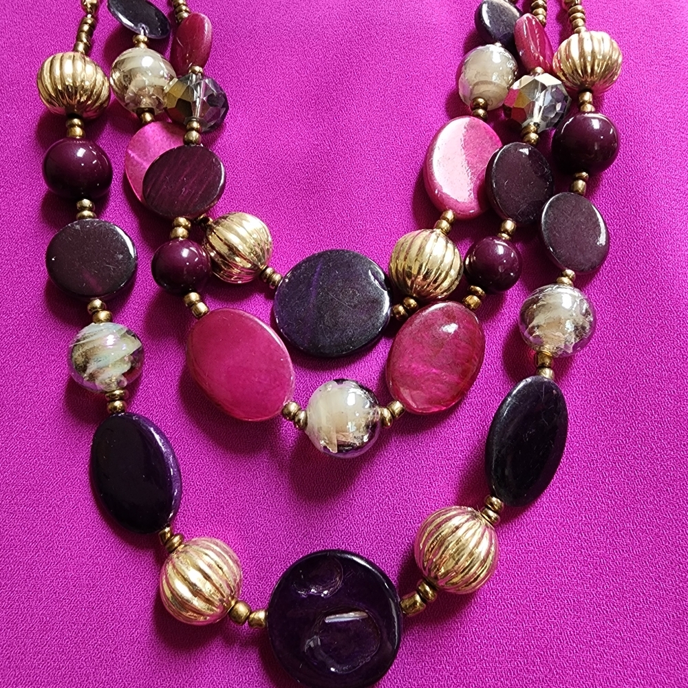 Beautiful Purple and Gold Toned Glass And Shell Beaded Necklace